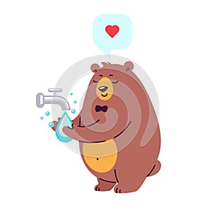 Smiling bear character washing hands under running water - cartoon flat style vector illustration