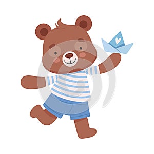 Smiling Bear Character Wearing Stripped Vest Carrying Toy Boat Vector Illustration