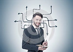 Smiling bearded businessman, arrow maze, planner