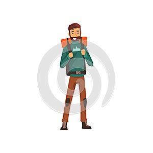 Smiling bearded man with backpack, outdoor adventures, travel, camping, backpacking trip or expedition vector