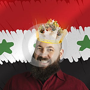 Smiling bearded man with delicious doner donair kebab in his head, dreams isolated on flag background. Contamporary art photo