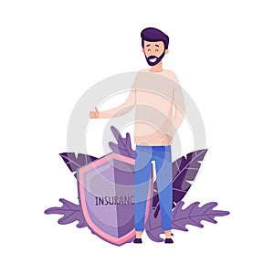 Smiling Bearded Man Standing Beside the Shield and Showing Thumb Up Vector Illustration