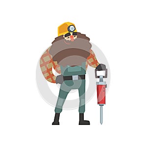 Smiling bearded miner with jackhammer photo
