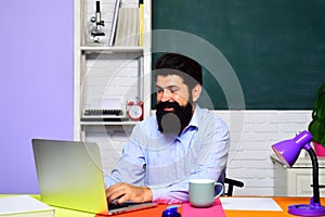 Smiling bearded student studying online. Education and knowledge. Male teacher in classroom sitting at desk working on