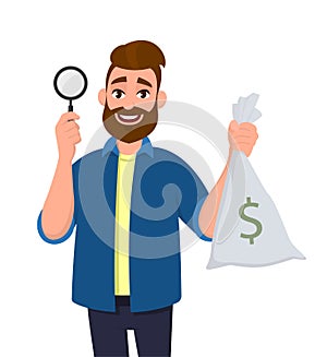 Smiling bearded young man showing/holding magnifying glass and cash/money/bunch of currency notes bag. Search, find, discovery.