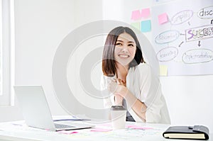 Smiling beautiful asian woman celebrate with laptop happy for success working. Agile for startup small business concept at modern