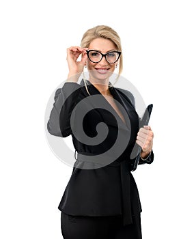 Smiling beautiful business woman with glasses. A confident business professional in an elegant black suit. Portrait isolated on