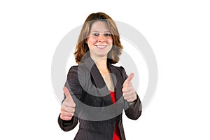 Smiling beautiful business woman with thumbs up
