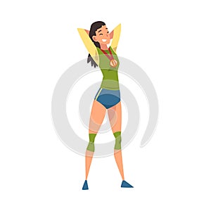 Smiling Beautiful Girl in Sports Uniform with Medal, Happy Female Athlete Character Celebrating Her Victory Vector