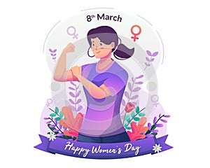 A smiling beautiful strong woman showing muscle biceps and fists. Happy Women`s Day. Flat style vector illustration