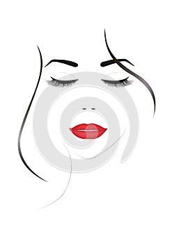 Smiling beautiful woman face with closed eyes and red lips, vertical vector