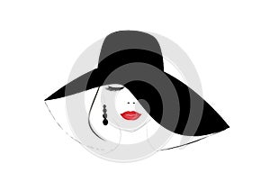 Smiling beautiful woman face with closed eyes and red lips in a wide brimmed hat, horizontal vector