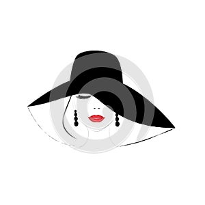 Smiling beautiful woman face with closed eyes and red lips in a wide brimmed hat, vector illustration photo