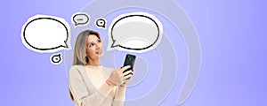 Smiling beautiful woman with phone in hands, mock up text messag