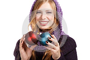 Smiling beautiful woman in pullover and purple scarf with bright