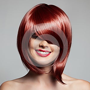 Smiling Beautiful Woman With Red Short Hair. Haircut. Hairstyle.