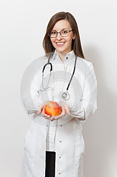 Smiling beautiful young doctor woman with stethoscope isolated on white background. Female doctor in medical gown