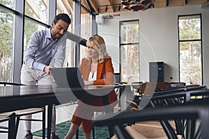 Pleased focused businesswoman staring at a laptop screen