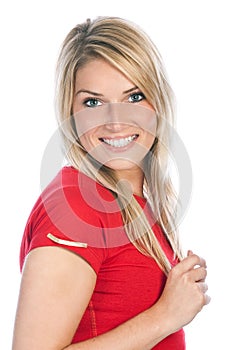 Smiling Beautiful Young Woman Wearing Red Shirt