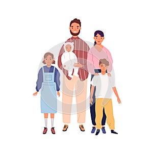 Smiling big family portrait vector flat illustration. Happy mother, father and three children standing isolated on white