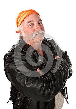 Smiling biker gang member