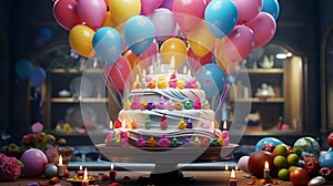 A smiling birthday cake surrounded by a cluster of vibrant balloons,