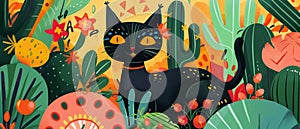 Smiling black cat with yellow eyes in cactus jungle. Flat illustration for Cinco de Mayo day. Banner 7:3