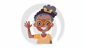 A smiling black girl in glasses with a handshake greets an excited child character on a white background with a hi