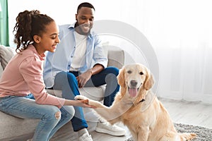 Smiling black girl playing with pet in the living room