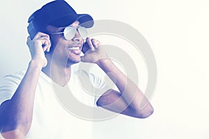 Smiling black guy with large headphones