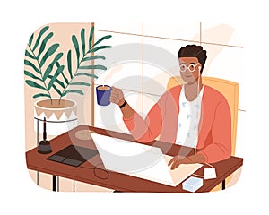 Smiling black skin freelancer male working remotely use laptop vector flat illustration. Modern designer man sitting at