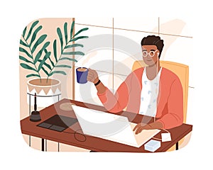 Smiling black skin freelancer male working remotely use laptop vector flat illustration. Modern designer man sitting at photo