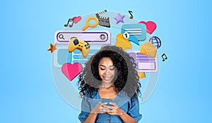 Smiling black woman typing in phone, mobile app and online commu