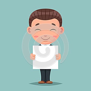 Smiling blank paper promotion advert stick cute businessman mascot happy support approval cartoon characters set design