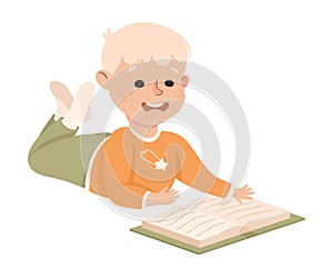 Smiling Blond Boy Lying on Floor and Reading Book, Preschool Boy Enjoying Literature, Kids Education Concept Cartoon