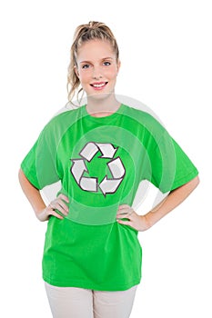 Smiling blonde activist wearing recycling tshirt posing