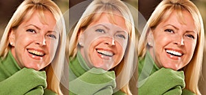 Smiling Blonde female showing progressive teeth whitening and bleaching