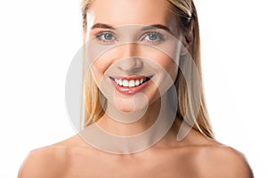 Smiling blonde woman with white teeth isolated on white