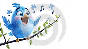 Smiling Blue Bird Singing On Branch With