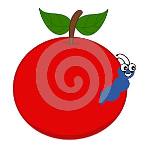 Smiling blue maggot coming out of a juicy red cherry - vector
