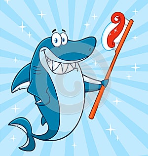 Smiling Blue Shark Cartoon Mascot Character Holding A Toothbrush With Paste