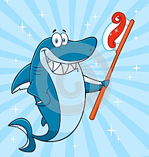 Smiling Blue Shark Cartoon Mascot Character Holding A Toothbrush With Paste.