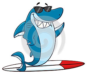 Smiling Blue Shark Cartoon Mascot Character With Sunglasses Surfing And Waving.