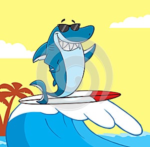Smiling Blue Shark Cartoon Mascot Character With Sunglasses Surfing And Waving.