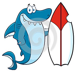 Smiling Blue Shark Cartoon Mascot Character With Surfboard photo