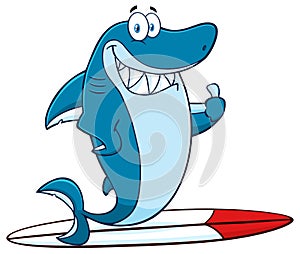 Smiling Blue Shark Cartoon Mascot Character Surfing And Holding A Thumb Up