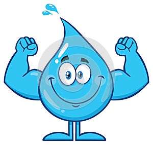 Smiling Blue Water Drop Cartoon Mascot Character Showing Muscle Arms