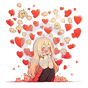 Smiling blushing girl around her flying hearts and thoughts white isolated background. Heart as a symf affection and love