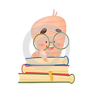 Smiling Bookworm Sitting on Pile of Books Smiling Vector Illustration. Wise Cartoon Creature Wearing Glasses