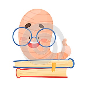 Smiling Bookworm Sitting on Pile of Books Vector Illustration